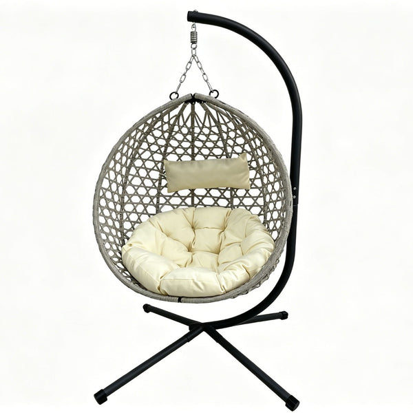 English Elm Folding Hdpe Rattan Egg Chair with Steel Stand Patio Backyard Balcony Lounge Seat Beige+Grey W2500P479541
