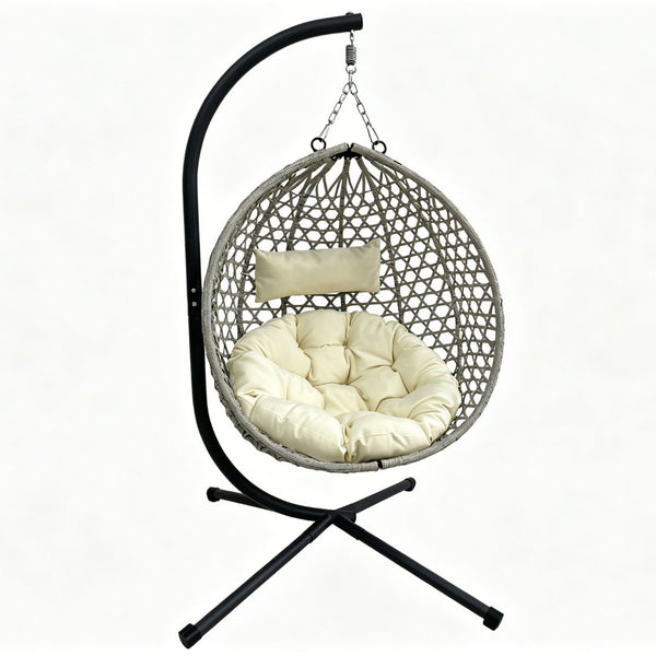English Elm Folding Hdpe Rattan Egg Chair with Steel Stand Patio Backyard Balcony Lounge Seat Beige+Grey W2500P479541