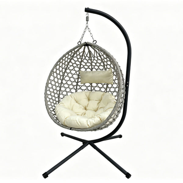 English Elm Folding Hdpe Rattan Egg Chair with Steel Stand Patio Backyard Balcony Lounge Seat Beige+Grey W2500P479541