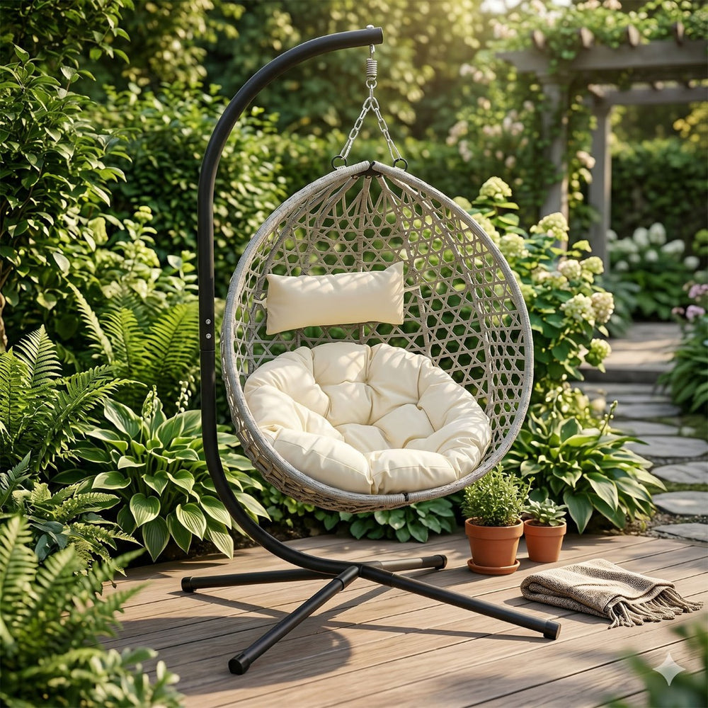 English Elm Folding Hdpe Rattan Egg Chair with Steel Stand Patio Backyard Balcony Lounge Seat Beige+Grey W2500P479541