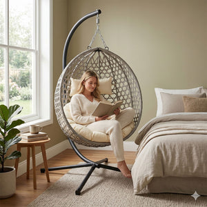 English Elm Folding Hdpe Rattan Egg Chair with Steel Stand Patio Backyard Balcony Lounge Seat Beige+Grey W2500P479541