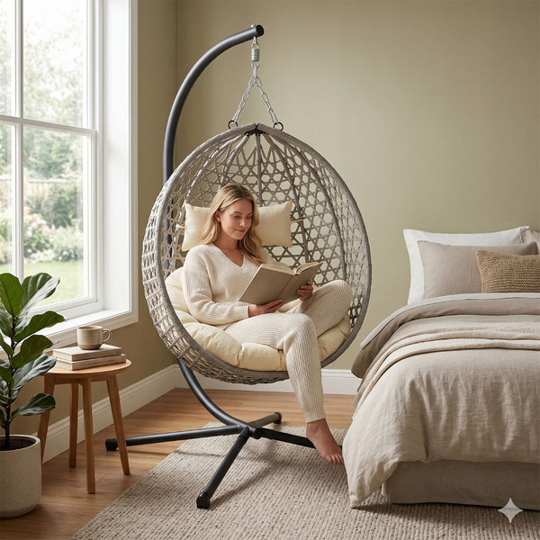 English Elm Folding Hdpe Rattan Egg Chair with Steel Stand Patio Backyard Balcony Lounge Seat Beige+Grey W2500P479541