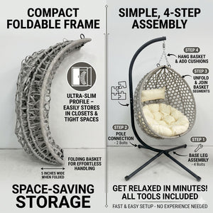 English Elm Folding Hdpe Rattan Egg Chair with Steel Stand Patio Backyard Balcony Lounge Seat Beige+Grey W2500P479541
