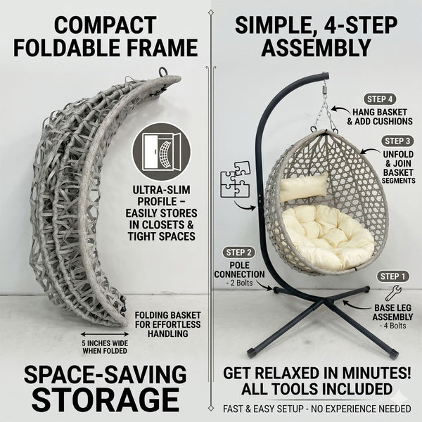 English Elm Folding Hdpe Rattan Egg Chair with Steel Stand Patio Backyard Balcony Lounge Seat Beige+Grey W2500P479541