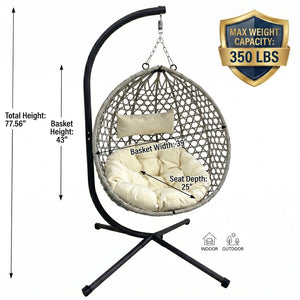 English Elm Folding Hdpe Rattan Egg Chair with Steel Stand Patio Backyard Balcony Lounge Seat Beige+Grey W2500P479541