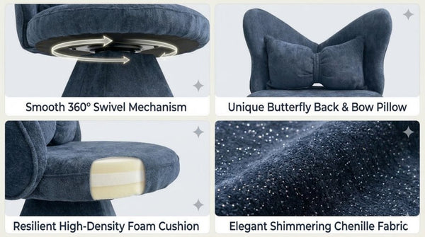 English Elm Vanity Swivel Accent Chair Butterfly Back Chenille Velvet Upholstered for Bedroom or Dining Dark Blue W2500P481989