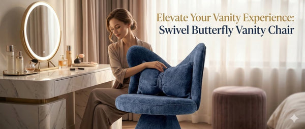 English Elm Vanity Swivel Accent Chair Butterfly Back Chenille Velvet Upholstered for Bedroom or Dining Dark Blue W2500P481989