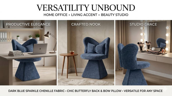 English Elm Vanity Swivel Accent Chair Butterfly Back Chenille Velvet Upholstered for Bedroom or Dining Dark Blue W2500P481989