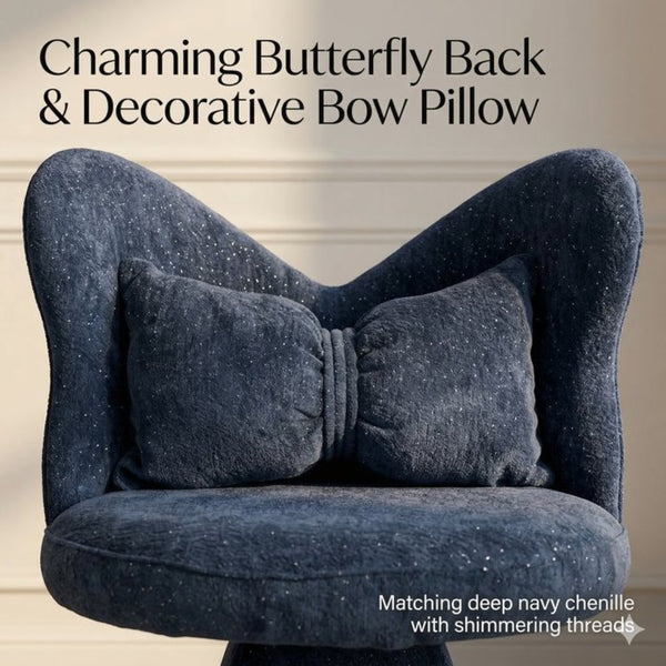 English Elm Vanity Swivel Accent Chair Butterfly Back Chenille Velvet Upholstered for Bedroom or Dining Dark Blue W2500P481989