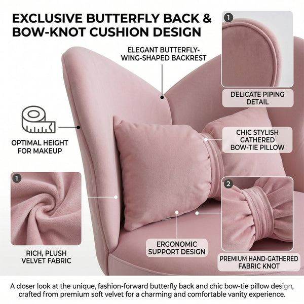 English Elm Vanity Swivel Accent Chair Butterfly Back Chenille Velvet Upholstered for Bedroom or Dining Pink W2500P483010