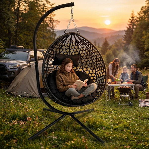 English Elm Foldable Hanging Egg Chair Hdpe Wicker Stand Cushion Patio Balcony 350 Lbs Black W2500P494295