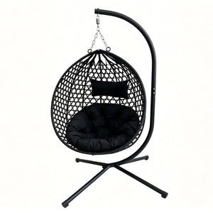 English Elm Foldable Hanging Egg Chair Hdpe Wicker Stand Cushion Patio Balcony 350 Lbs Black W2500P494295