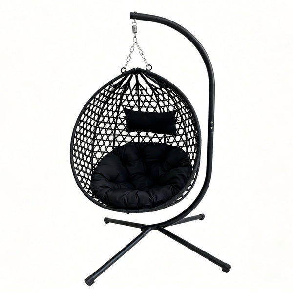 English Elm Foldable Hanging Egg Chair Hdpe Wicker Stand Cushion Patio Balcony 350 Lbs Black W2500P494295