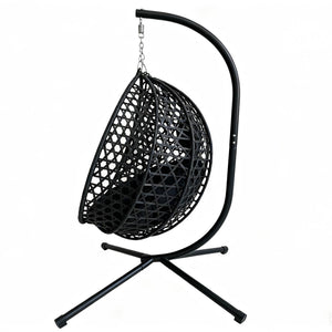 English Elm Foldable Hanging Egg Chair Hdpe Wicker Stand Cushion Patio Balcony 350 Lbs Black W2500P494295