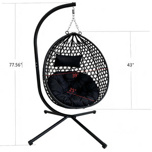 English Elm Foldable Hanging Egg Chair Hdpe Wicker Stand Cushion Patio Balcony 350 Lbs Black W2500P494295