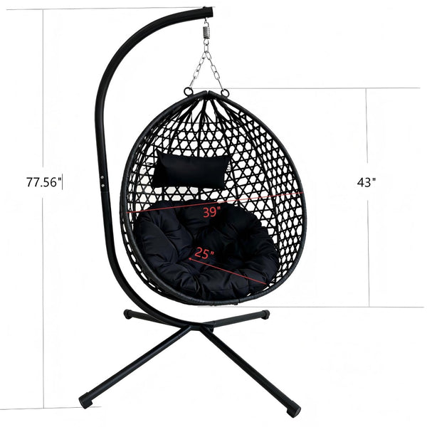 English Elm Foldable Hanging Egg Chair Hdpe Wicker Stand Cushion Patio Balcony 350 Lbs Black W2500P494295
