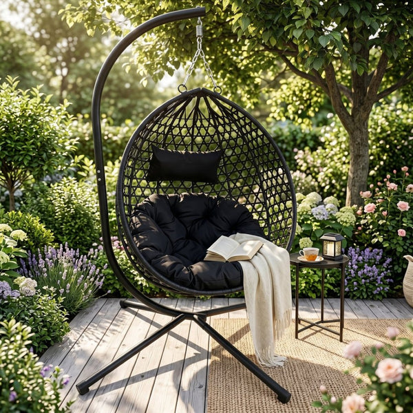 English Elm Foldable Hanging Egg Chair Hdpe Wicker Stand Cushion Patio Balcony 350 Lbs Black W2500P494295
