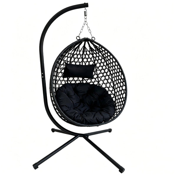 English Elm Foldable Hanging Egg Chair Hdpe Wicker Stand Cushion Patio Balcony 350 Lbs Black W2500P494295