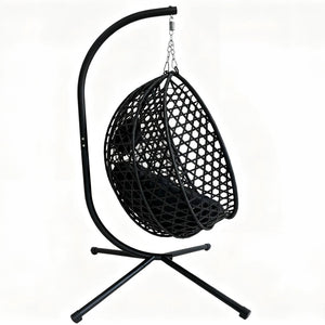 English Elm Foldable Hanging Egg Chair Hdpe Wicker Stand Cushion Patio Balcony 350 Lbs Black W2500P494295