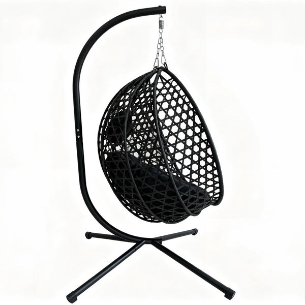 English Elm Foldable Hanging Egg Chair Hdpe Wicker Stand Cushion Patio Balcony 350 Lbs Black W2500P494295