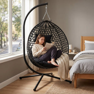 English Elm Foldable Hanging Egg Chair Hdpe Wicker Stand Cushion Patio Balcony 350 Lbs Black W2500P494295