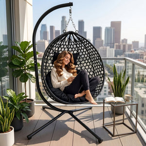 English Elm Foldable Hanging Egg Chair Hdpe Wicker Stand Cushion Patio Balcony 350 Lbs Black W2500P494295