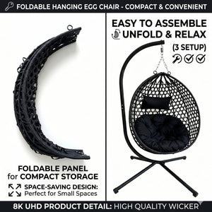 English Elm Foldable Hanging Egg Chair Hdpe Wicker Stand Cushion Patio Balcony 350 Lbs Black W2500P494295