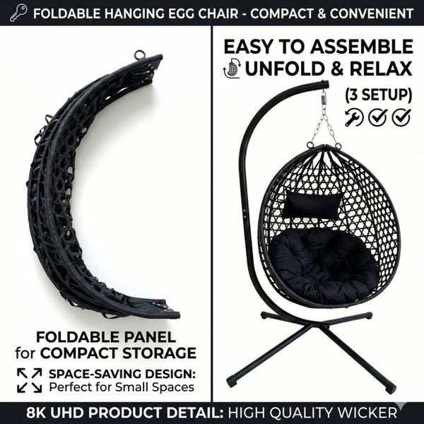 English Elm Foldable Hanging Egg Chair Hdpe Wicker Stand Cushion Patio Balcony 350 Lbs Black W2500P494295