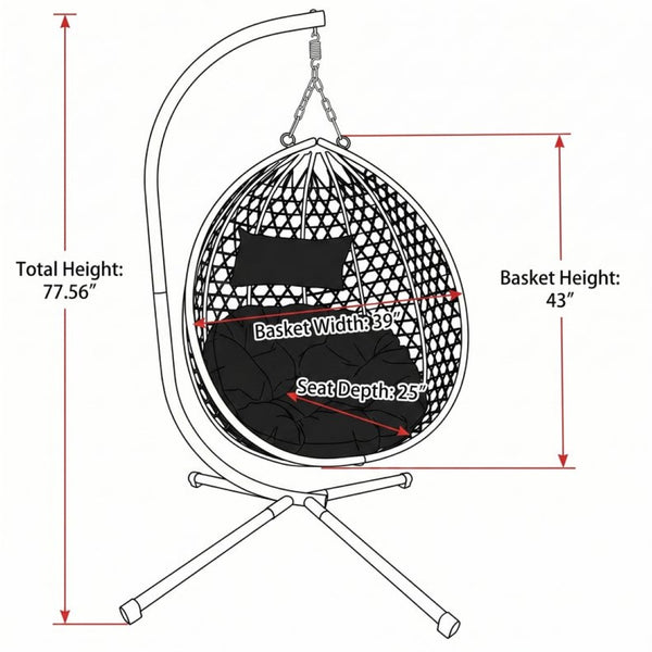 English Elm Foldable Hanging Egg Chair Hdpe Wicker Stand Cushion Patio Balcony 350 Lbs Black W2500P494295