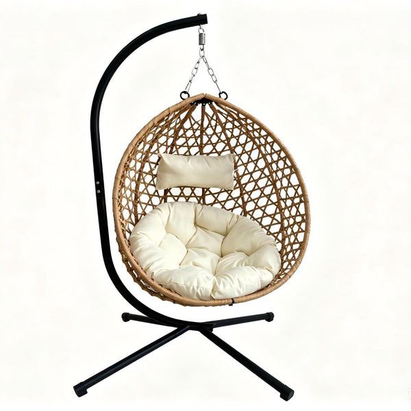 English Elm Foldable Hanging Egg Chair Hdpe Wicker Stand Cushion Patio Balcony 350 Lbs Beige+Yellow W2500P494296
