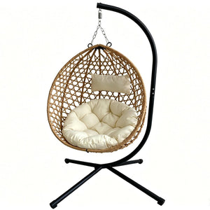 English Elm Foldable Hanging Egg Chair Hdpe Wicker Stand Cushion Patio Balcony 350 Lbs Beige+Yellow W2500P494296