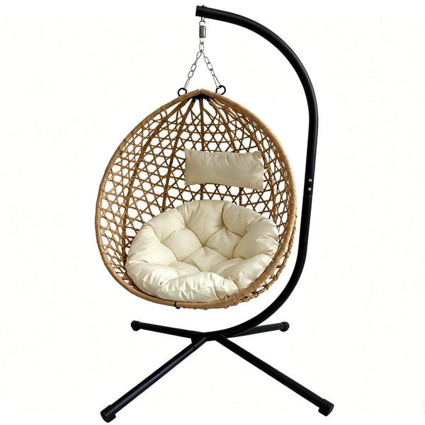 English Elm Foldable Hanging Egg Chair Hdpe Wicker Stand Cushion Patio Balcony 350 Lbs Beige+Yellow W2500P494296