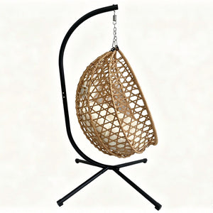 English Elm Foldable Hanging Egg Chair Hdpe Wicker Stand Cushion Patio Balcony 350 Lbs Beige+Yellow W2500P494296