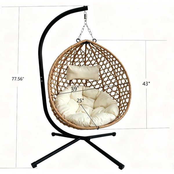 English Elm Foldable Hanging Egg Chair Hdpe Wicker Stand Cushion Patio Balcony 350 Lbs Beige+Yellow W2500P494296