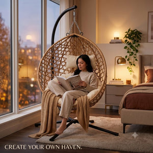 English Elm Foldable Hanging Egg Chair Hdpe Wicker Stand Cushion Patio Balcony 350 Lbs Beige+Yellow W2500P494296