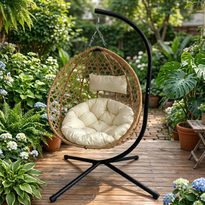 English Elm Foldable Hanging Egg Chair Hdpe Wicker Stand Cushion Patio Balcony 350 Lbs Beige+Yellow W2500P494296
