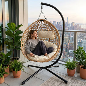 English Elm Foldable Hanging Egg Chair Hdpe Wicker Stand Cushion Patio Balcony 350 Lbs Beige+Yellow W2500P494296