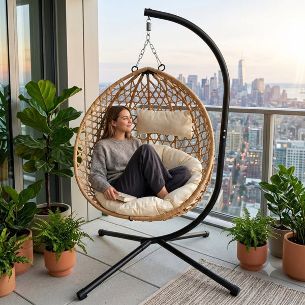 English Elm Foldable Hanging Egg Chair Hdpe Wicker Stand Cushion Patio Balcony 350 Lbs Beige+Yellow W2500P494296