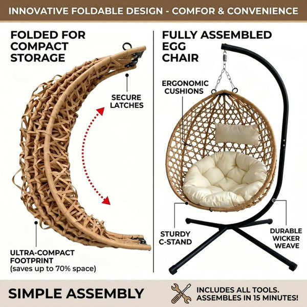 English Elm Foldable Hanging Egg Chair Hdpe Wicker Stand Cushion Patio Balcony 350 Lbs Beige+Yellow W2500P494296