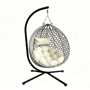 English Elm Foldable Hanging Egg Chair Hdpe Wicker Stand Cushion Patio Balcony 350 Lbs Beige+Grey W2500P494297