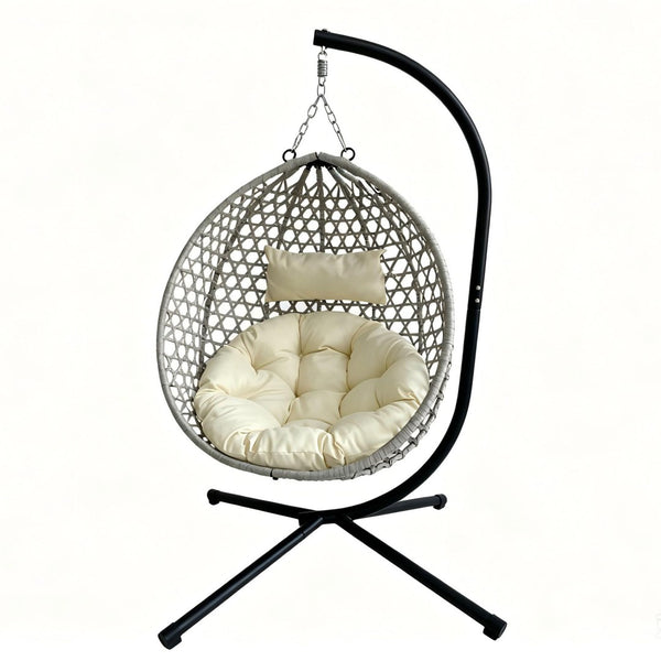 English Elm Foldable Hanging Egg Chair Hdpe Wicker Stand Cushion Patio Balcony 350 Lbs Beige+Grey W2500P494297