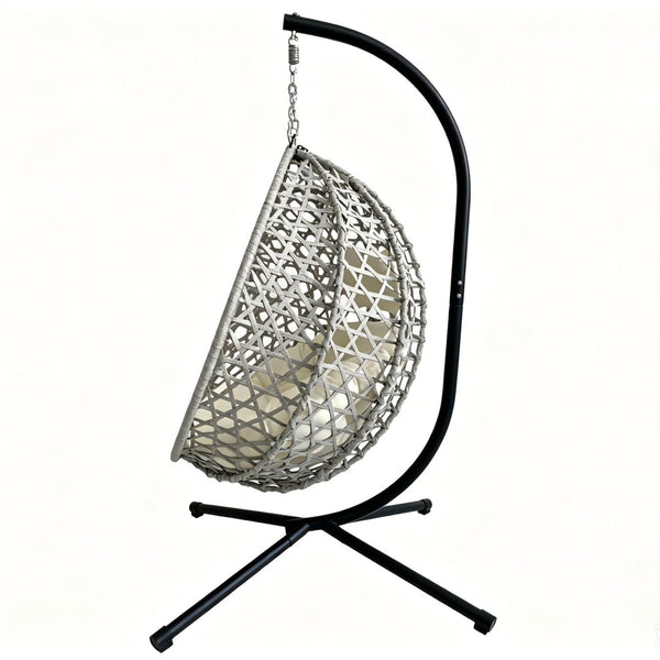 English Elm Foldable Hanging Egg Chair Hdpe Wicker Stand Cushion Patio Balcony 350 Lbs Beige+Grey W2500P494297