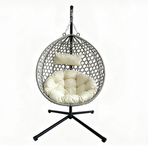 English Elm Foldable Hanging Egg Chair Hdpe Wicker Stand Cushion Patio Balcony 350 Lbs Beige+Grey W2500P494297