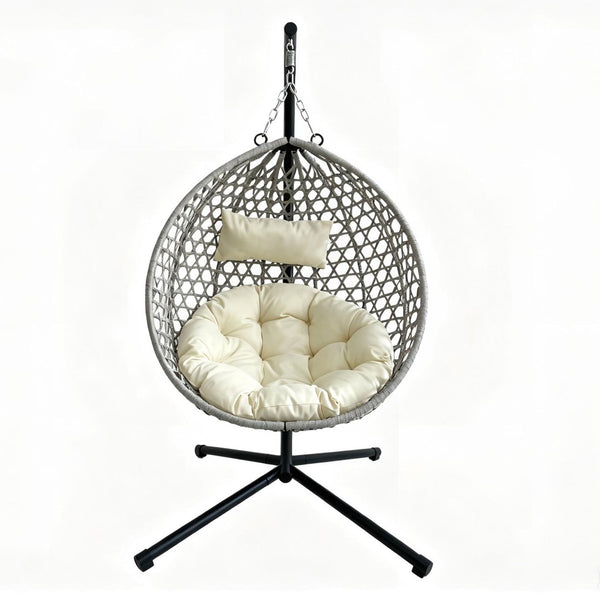 English Elm Foldable Hanging Egg Chair Hdpe Wicker Stand Cushion Patio Balcony 350 Lbs Beige+Grey W2500P494297