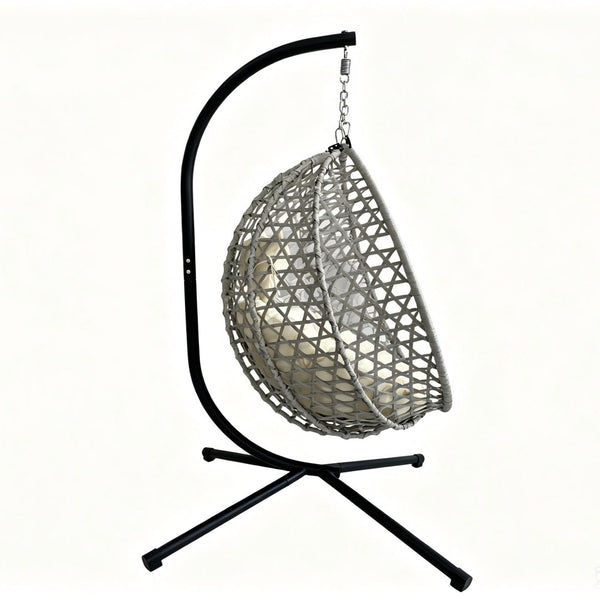 English Elm Foldable Hanging Egg Chair Hdpe Wicker Stand Cushion Patio Balcony 350 Lbs Beige+Grey W2500P494297