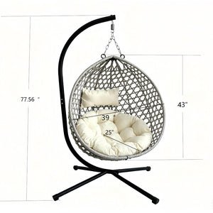 English Elm Foldable Hanging Egg Chair Hdpe Wicker Stand Cushion Patio Balcony 350 Lbs Beige+Grey W2500P494297