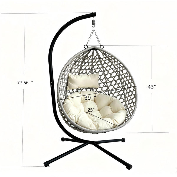 English Elm Foldable Hanging Egg Chair Hdpe Wicker Stand Cushion Patio Balcony 350 Lbs Beige+Grey W2500P494297