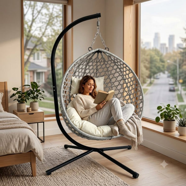 English Elm Foldable Hanging Egg Chair Hdpe Wicker Stand Cushion Patio Balcony 350 Lbs Beige+Grey W2500P494297