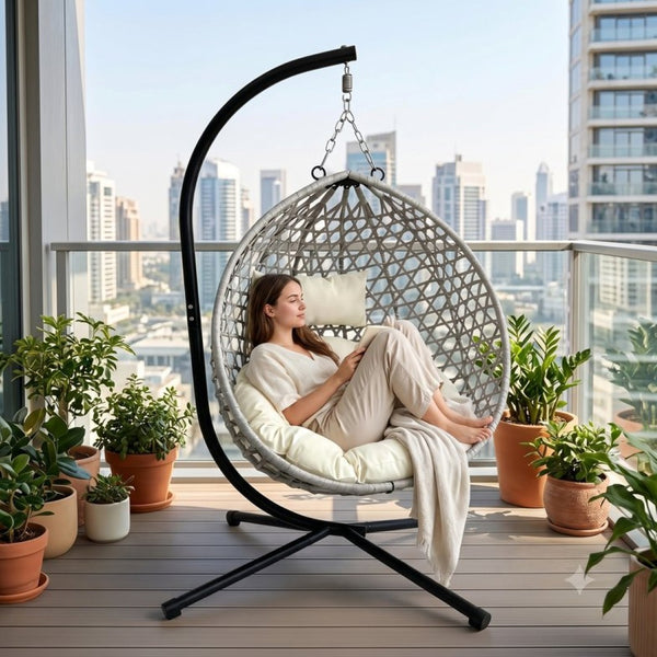 English Elm Foldable Hanging Egg Chair Hdpe Wicker Stand Cushion Patio Balcony 350 Lbs Beige+Grey W2500P494297