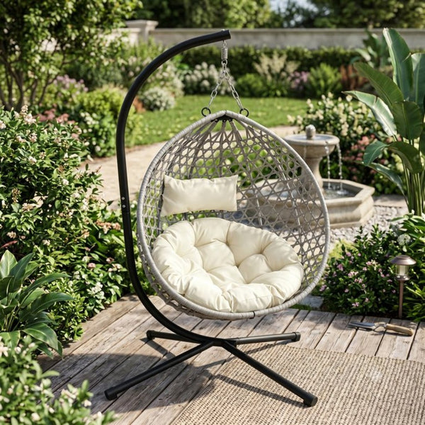 English Elm Foldable Hanging Egg Chair Hdpe Wicker Stand Cushion Patio Balcony 350 Lbs Beige+Grey W2500P494297